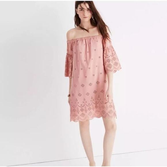 Madewell Eyelet Embroidered Off The Shoulder Mini Shift Dress Dusty Rose Size 2 - Picture 2 of 7